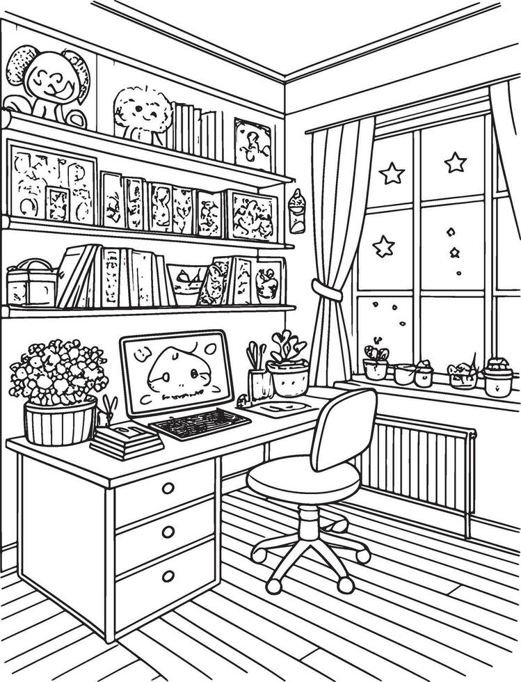 Office room, kawaii, cartoon characters, cute lines and colors, coloring pages vector