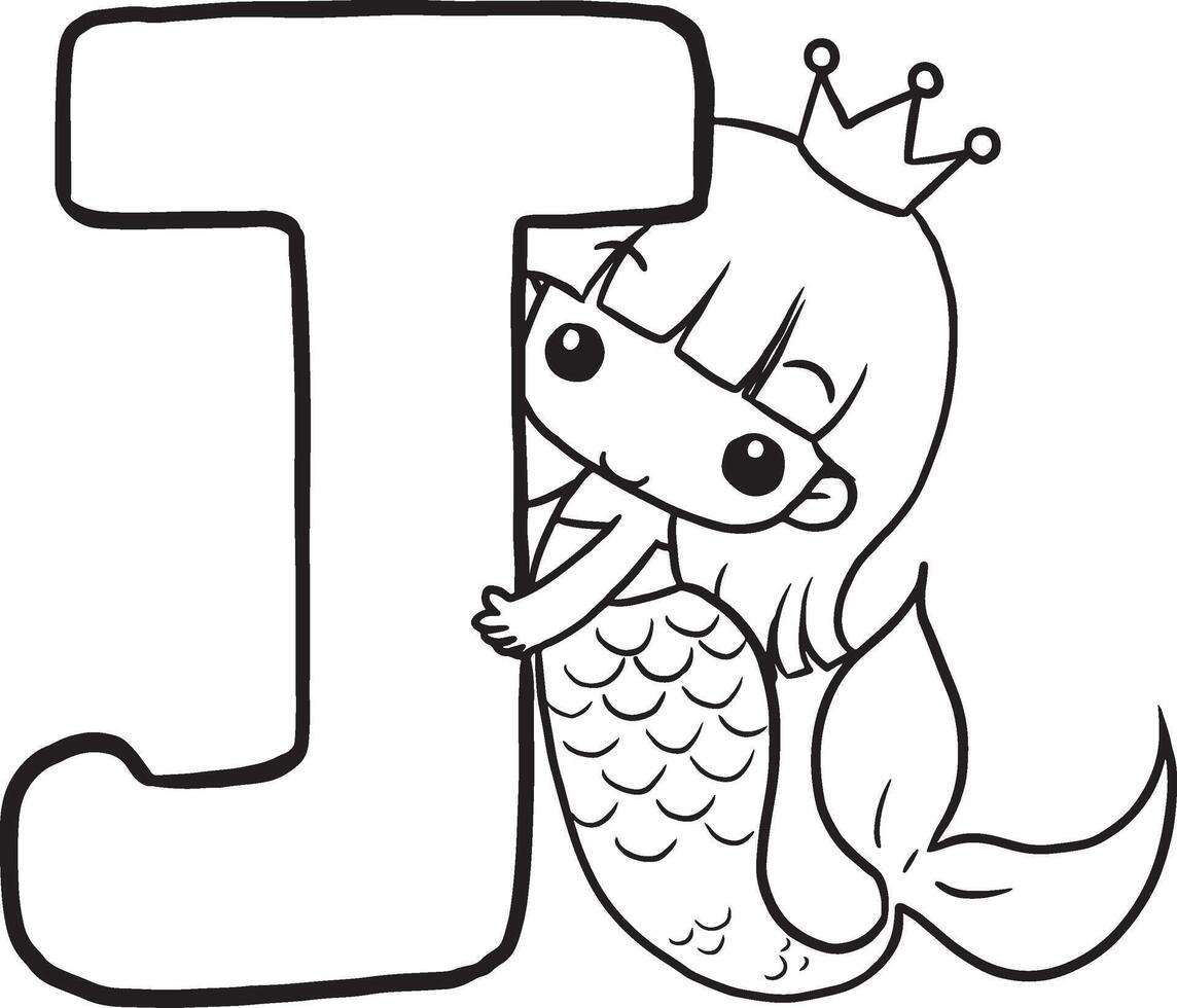 Font J Mermaid cute cartoon characters, lines and colorful coloring pages. vector