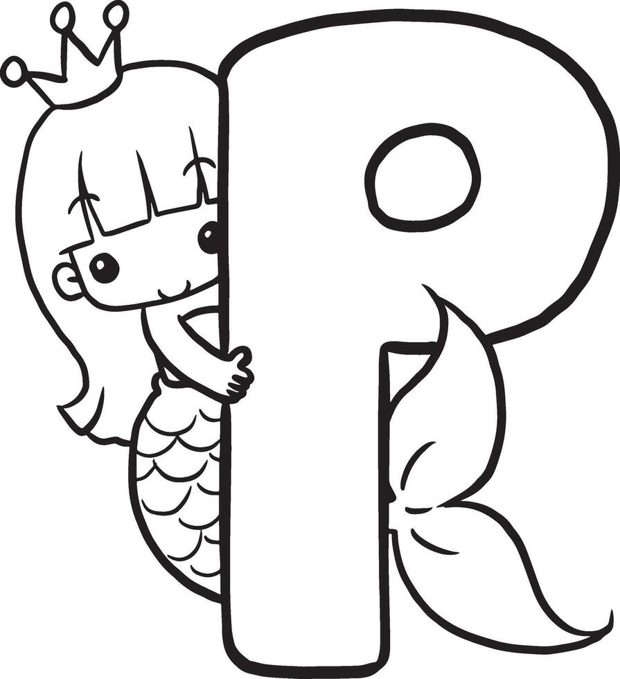 Font P Mermaid cute cartoon characters, lines and colorful coloring pages. vector
