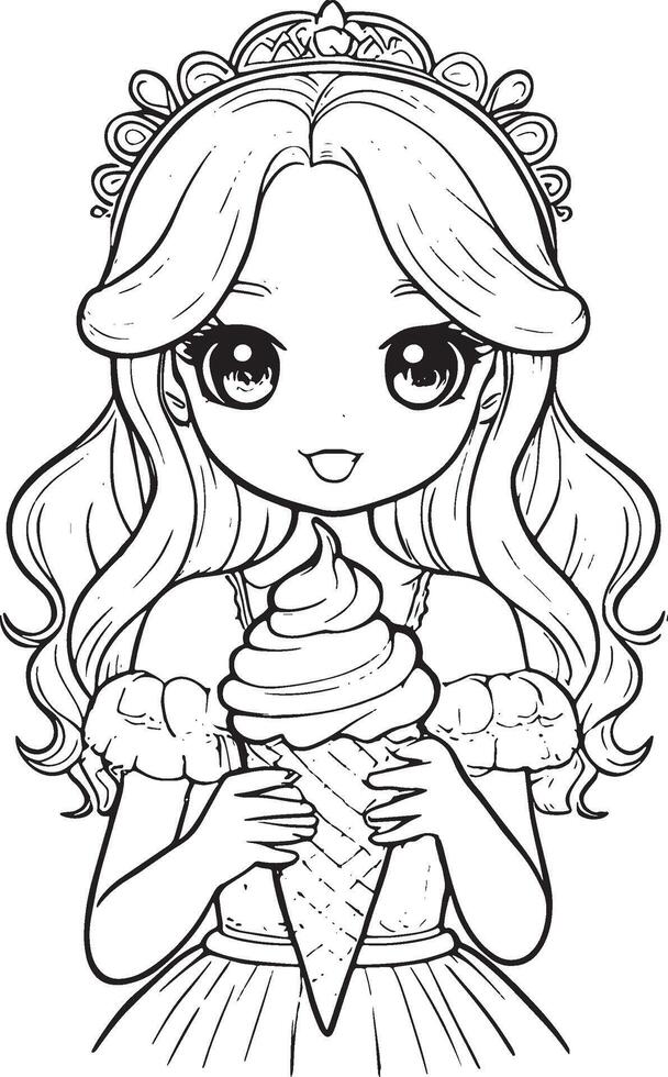 Princess holding ice cream, kawaii cartoon character, cute line drawing and colorful coloring page vector