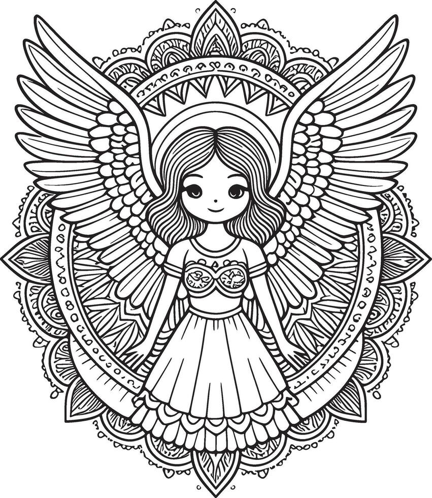 A girl with wings is sitting on a mandala vector