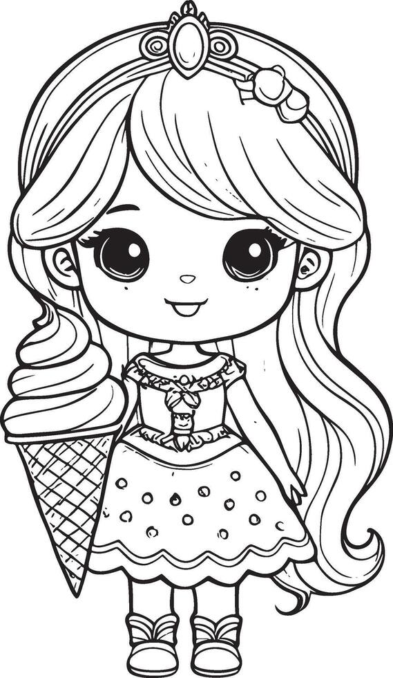 Princess holding ice cream, cute cartoon character, line drawing and colorful coloring page vector