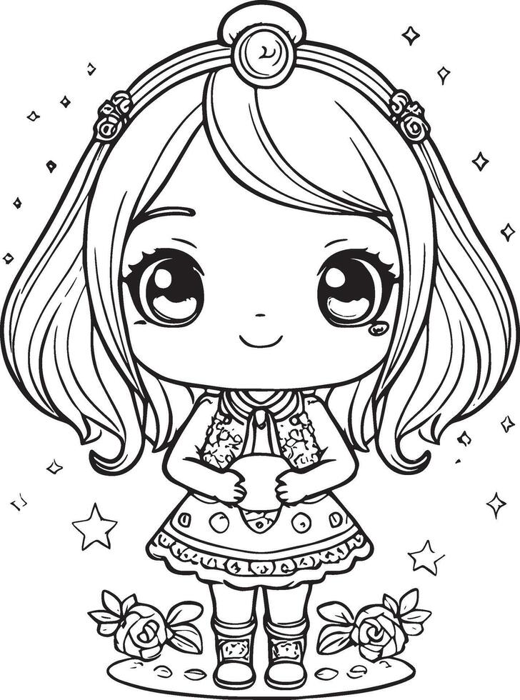 Kawaii girl, cute cartoon character, lines and colors, coloring page vector