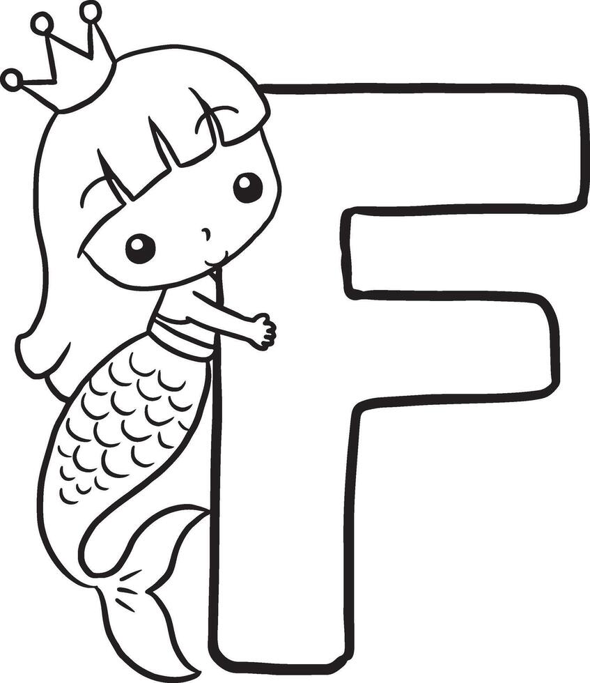 Font F Mermaid cute cartoon characters, lines and colorful coloring pages. vector