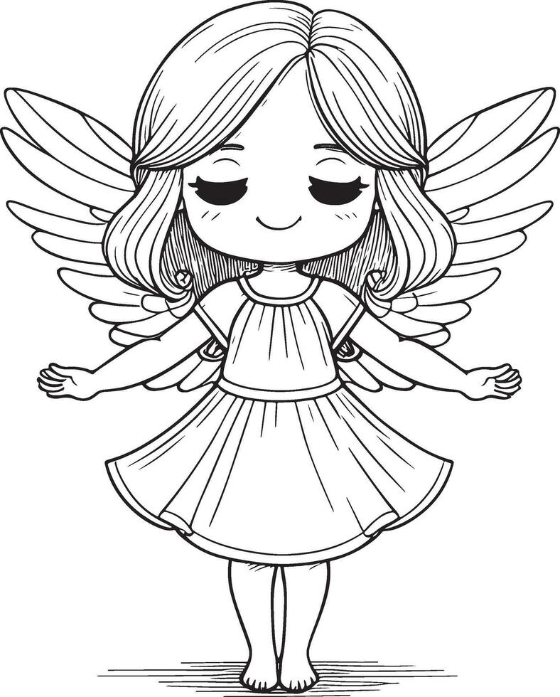 A cute little girl with wings is standing in a white dress vector