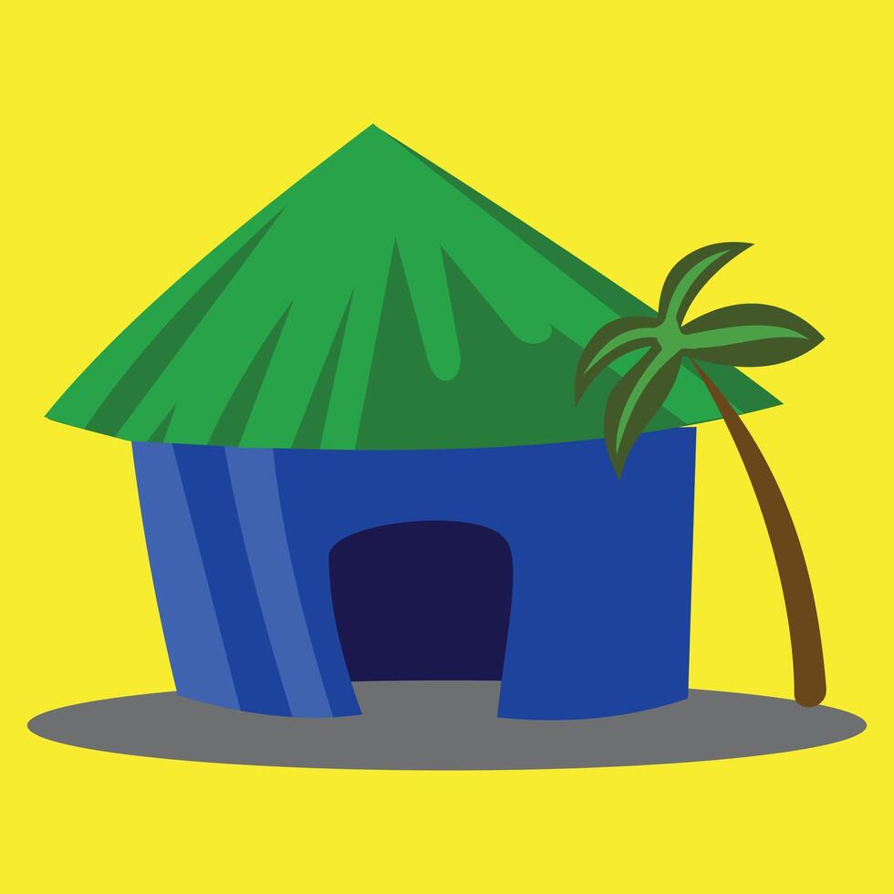 Illustration of a house with a palm tree on a yellow background. Illustration background involving fire elements of wooden houses on the coast. Design background elements vector