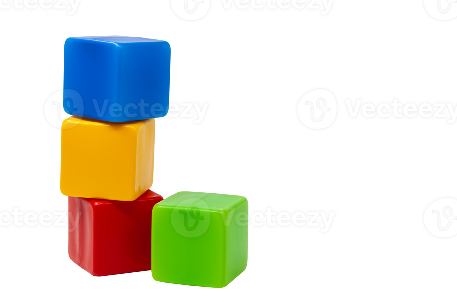Multicoloured plastic cubes for children's games. The yellow cube stands on top of the red and blue cubes, the green one next to it. Without background png