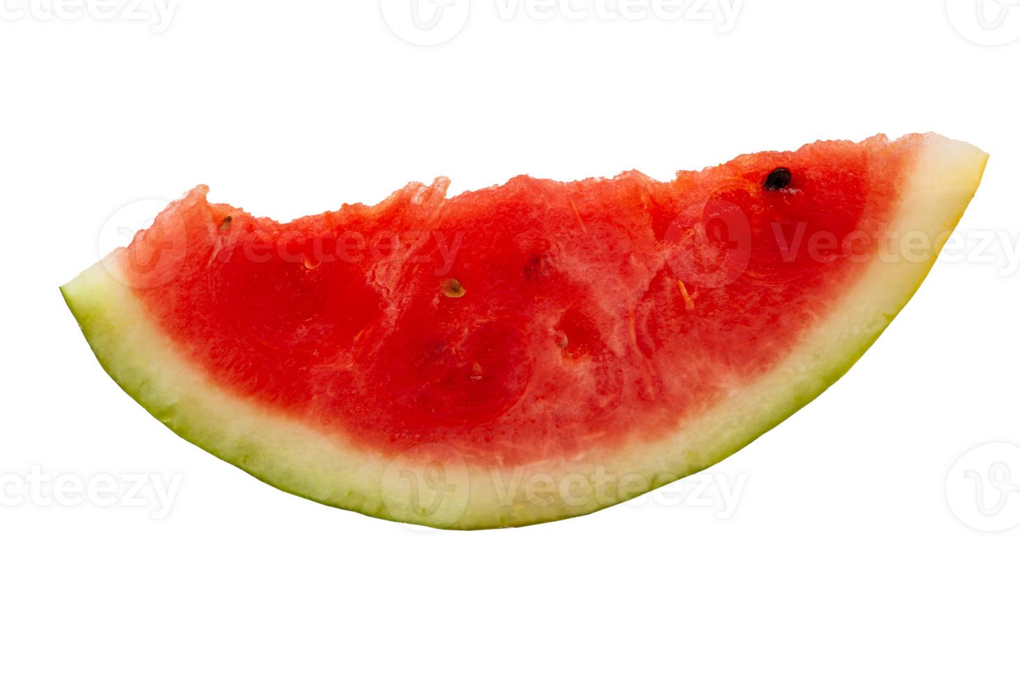 Red ripe watermelon with green rind, cut into pieces of different sizes with black seeds without background. Professional studio macro photography png
