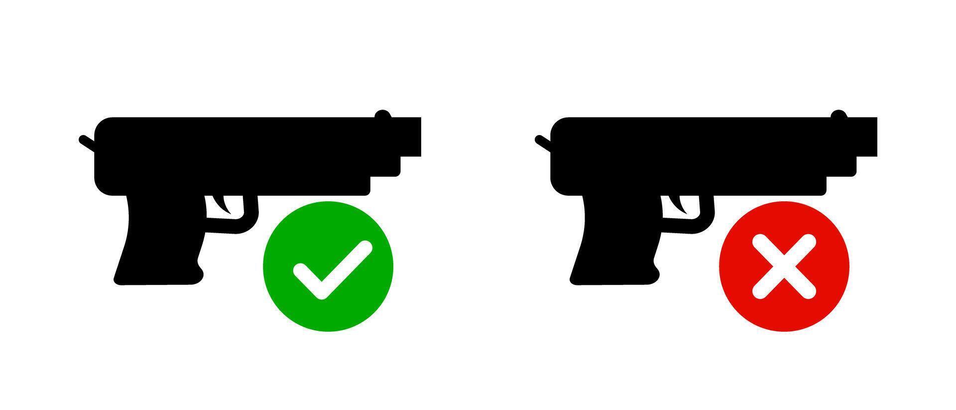 Gun and check mark icon, gun and cross mark icon set. Gun allowed and gun prohibited icon. vector