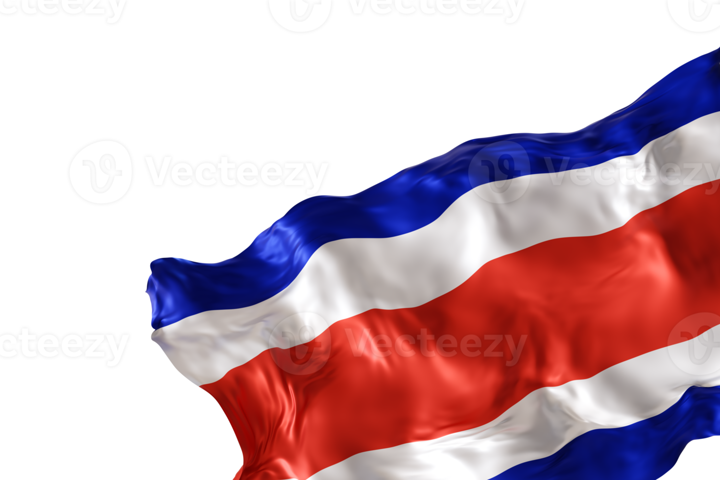 Realistic flag of Costa Rica with folds, on transparent background. Footer, corner design element. Cut out. Perfect for patriotic themes or national event promotions. Empty, copy space. 3D render. png
