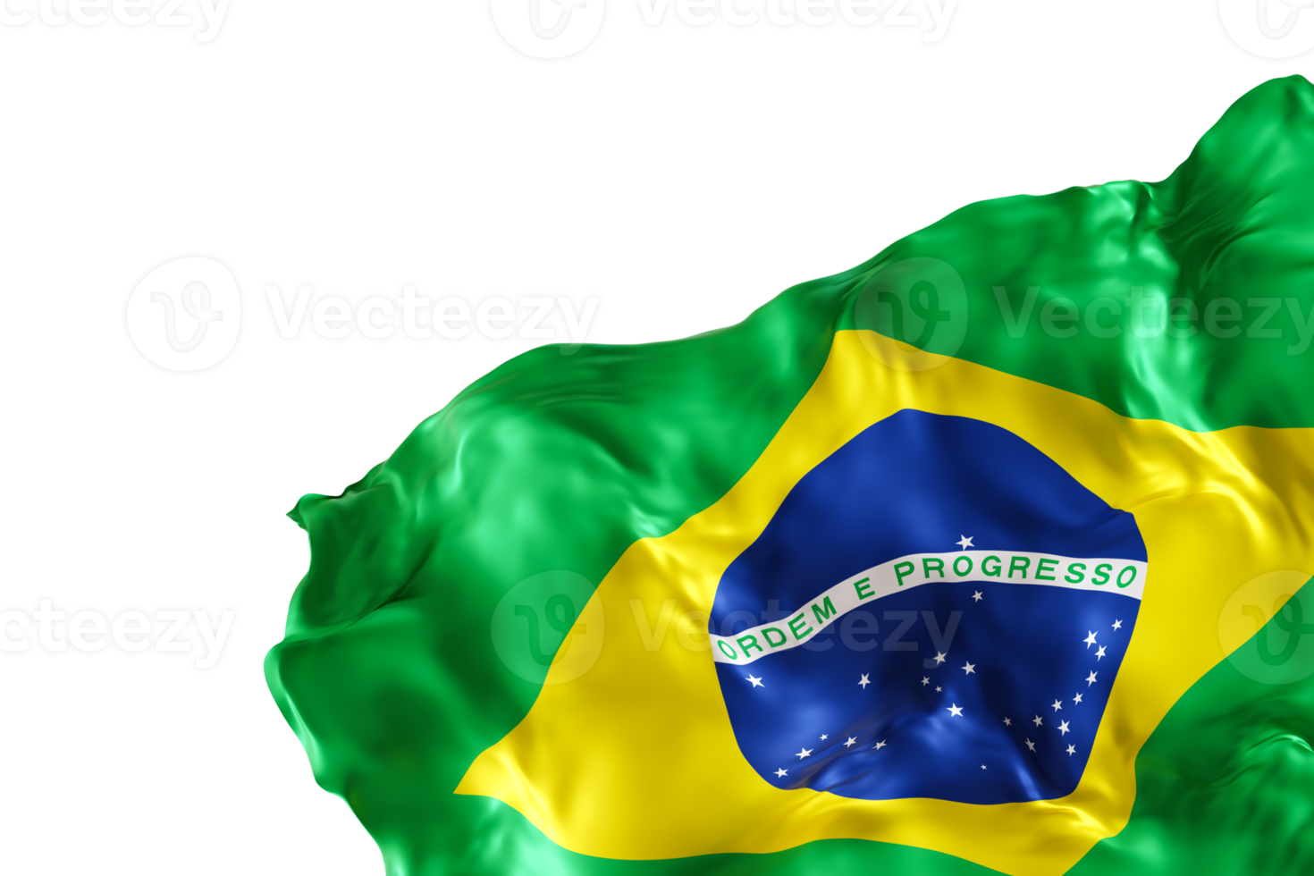 Realistic flag of Brazil with folds, on transparent background. Footer, corner design element. Cut out. Perfect for patriotic themes or national event promotions. Empty, copy space. 3D render. png