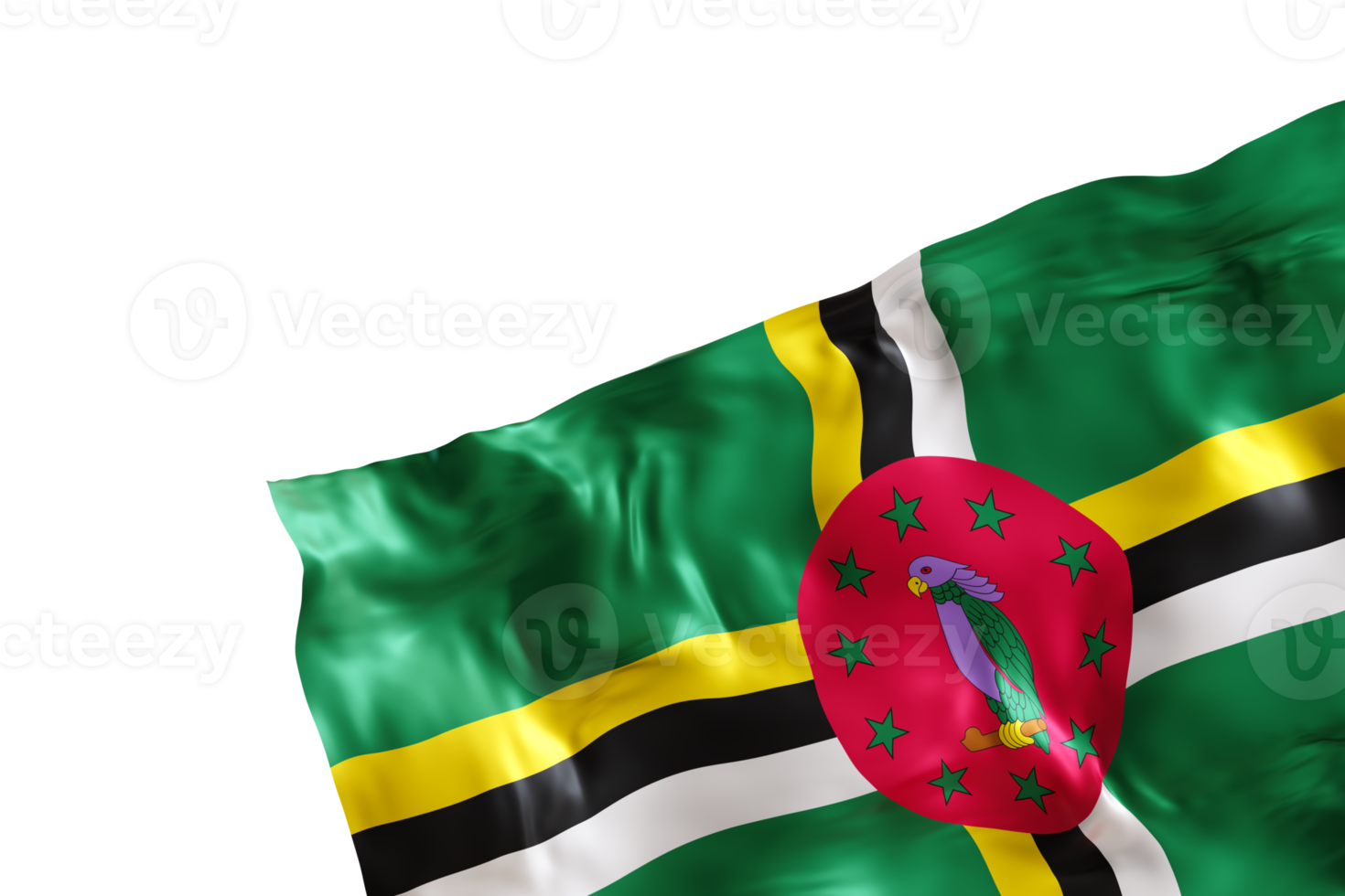 Realistic flag of Dominica with folds, on transparent background. Footer, corner design element. Cut out. Perfect for patriotic themes or national event promotions. Empty, copy space. 3D render. png