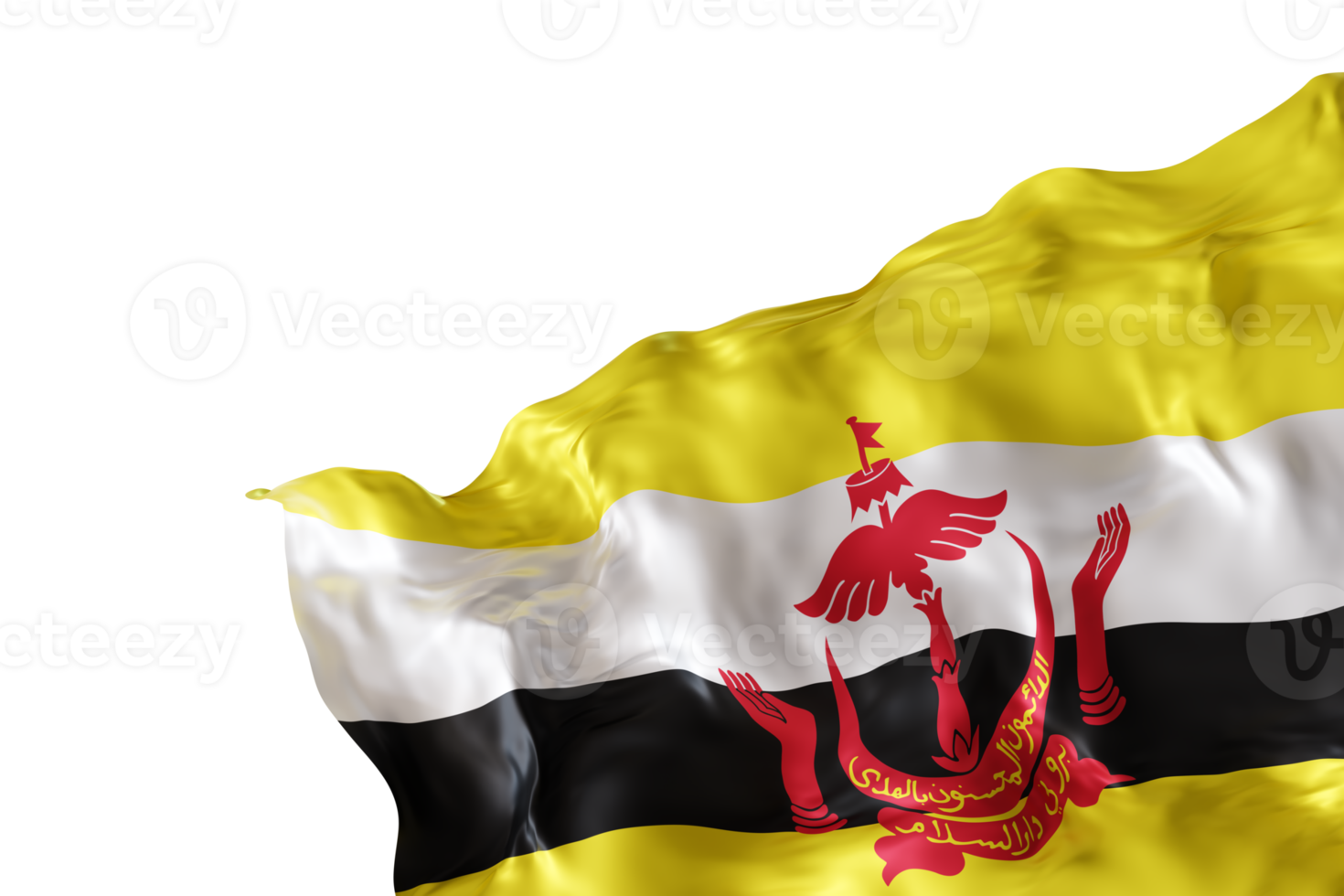 Realistic flag of Brunei with folds, on transparent background. Footer, corner design element. Cut out. Perfect for patriotic themes or national event promotions. Empty, copy space. 3D render. png