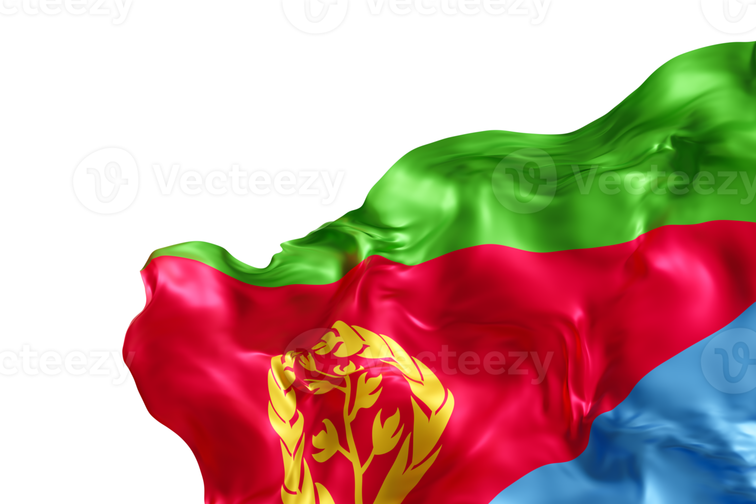 Realistic flag of Eritrea with folds, on transparent background. Footer, corner design element. Cut out. Perfect for patriotic themes or national event promotions. Empty, copy space. 3D render. png