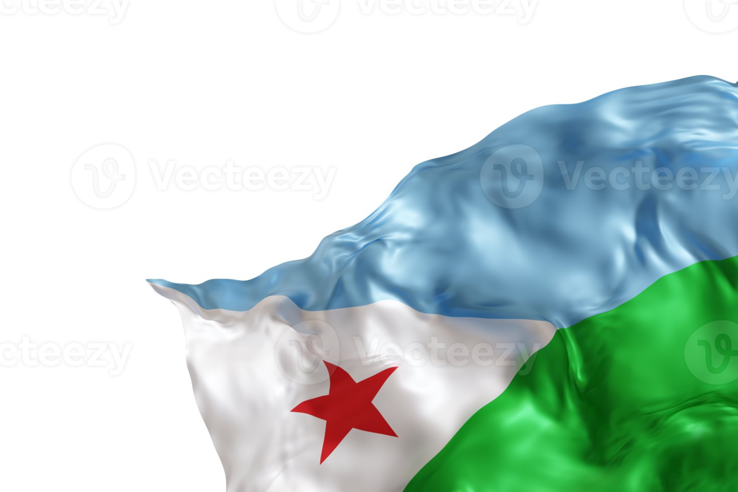 Realistic flag of Djibouti with folds, on transparent background. Footer, corner design element. Cut out. Perfect for patriotic themes or national event promotions. Empty, copy space. 3D render. png