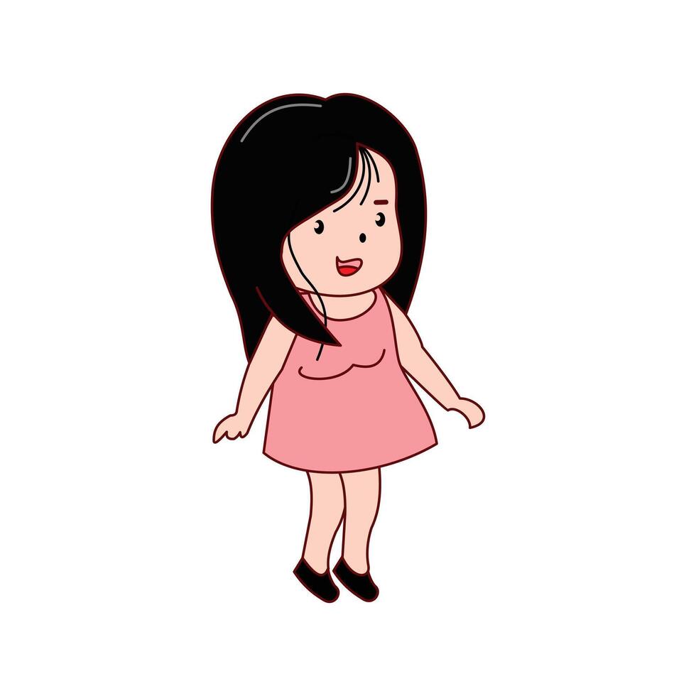 Cute little girl with long black hair in pink dress. Girl character illustration isolated on white background. Design element of happiest cartoon people vector