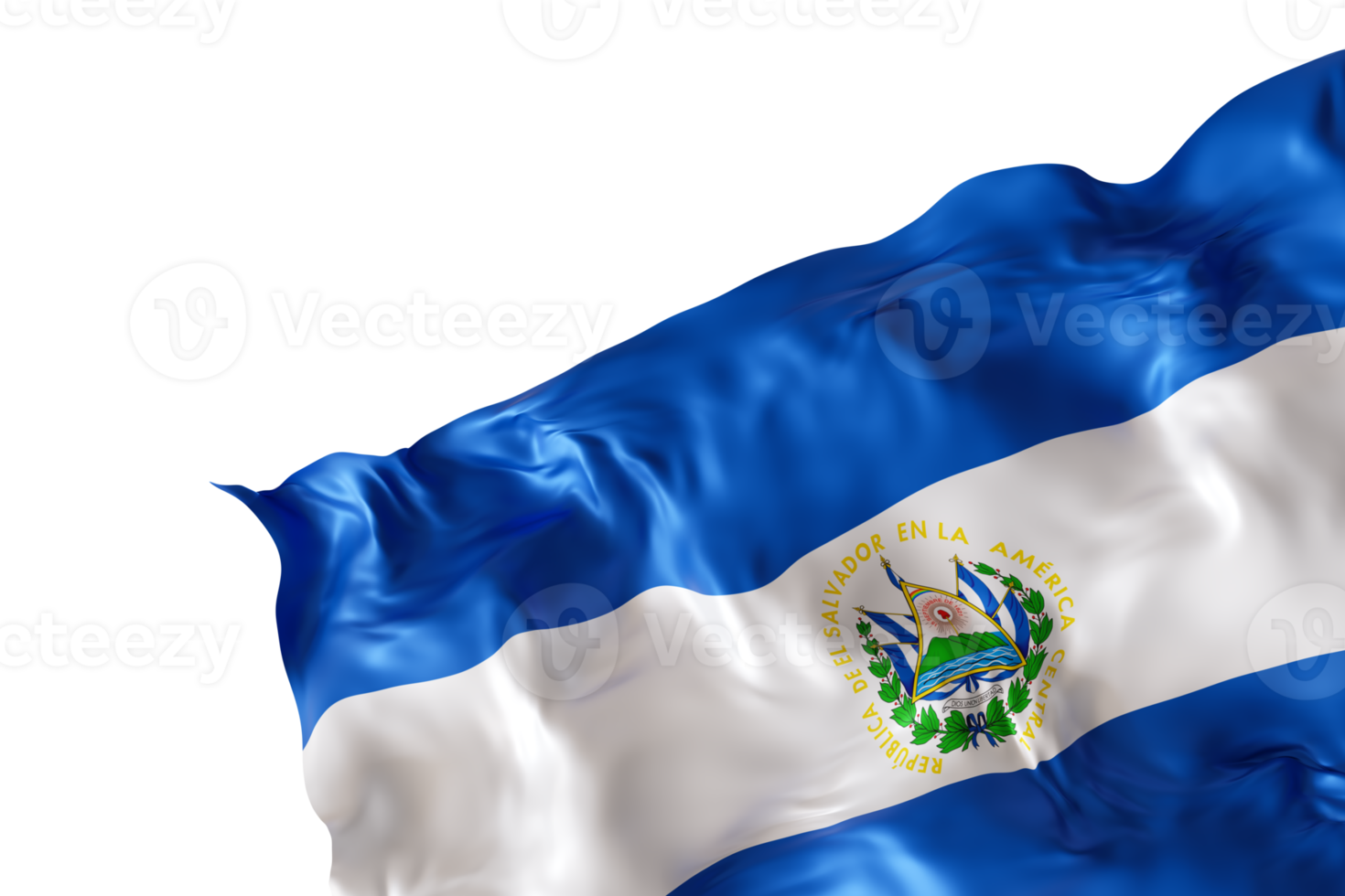 Realistic flag of El Salvador with folds, on transparent background. Footer, corner design element. Cut out. Perfect for patriotic themes or national event promotions. Empty, copy space. 3D render. png