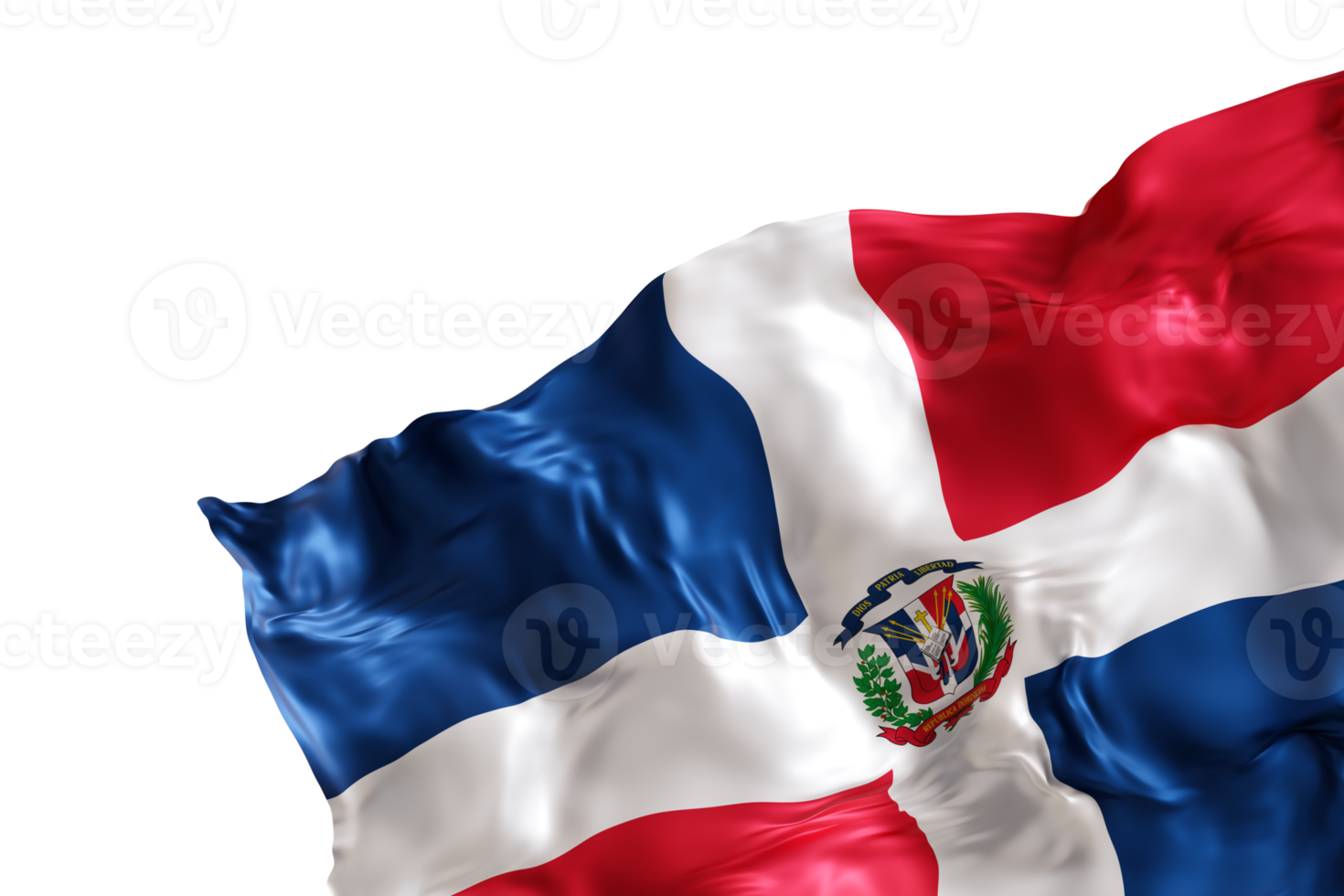 Realistic flag of Dominican Republic, on transparent background. Footer, corner design element. Cut out. Perfect for patriotic themes or national event promotions. Empty, copy space. 3D render. png