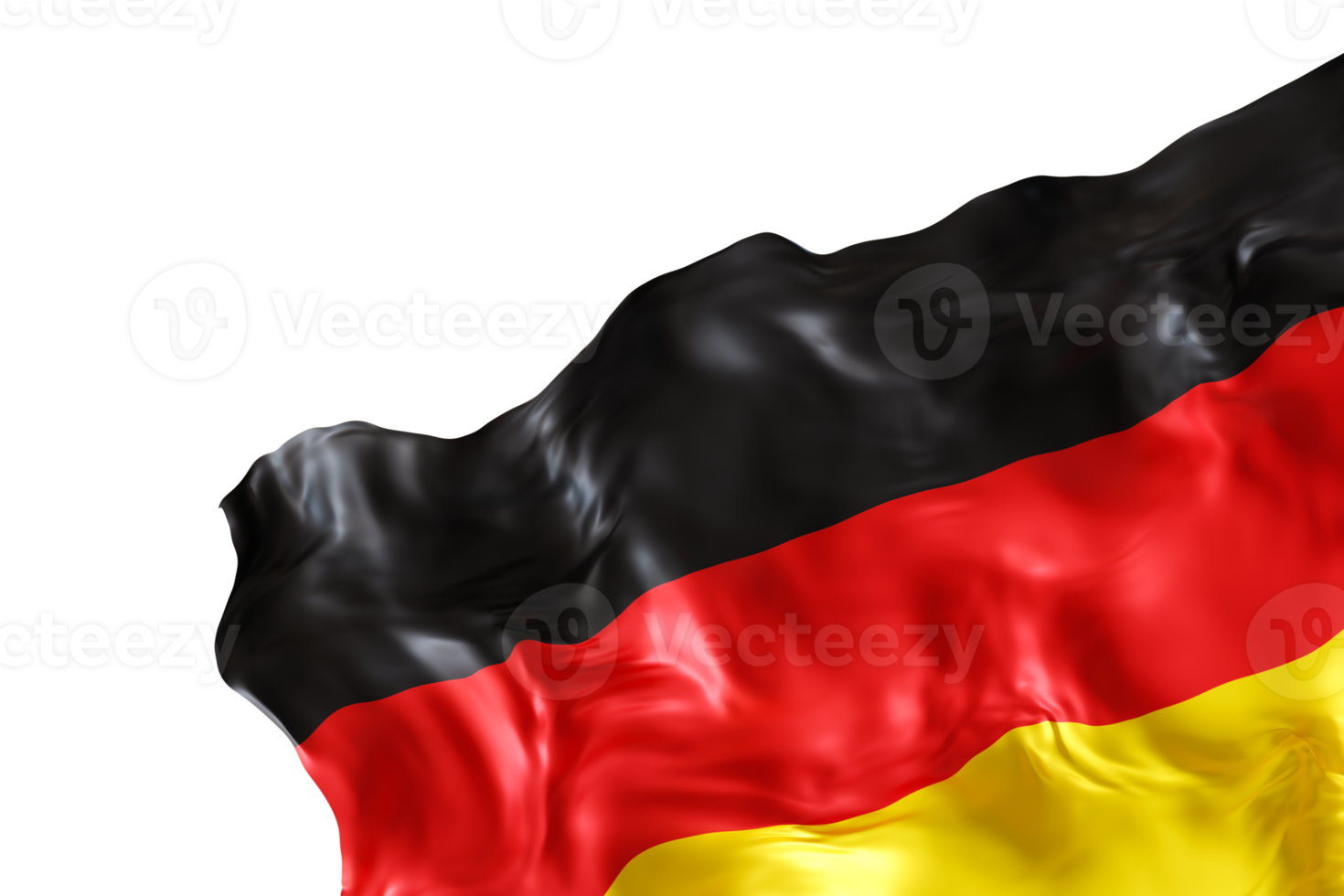 Realistic flag of Germany with folds, on transparent background. Footer, corner design element. Cut out. Perfect for patriotic themes or national event promotions. Empty, copy space. 3D render. png