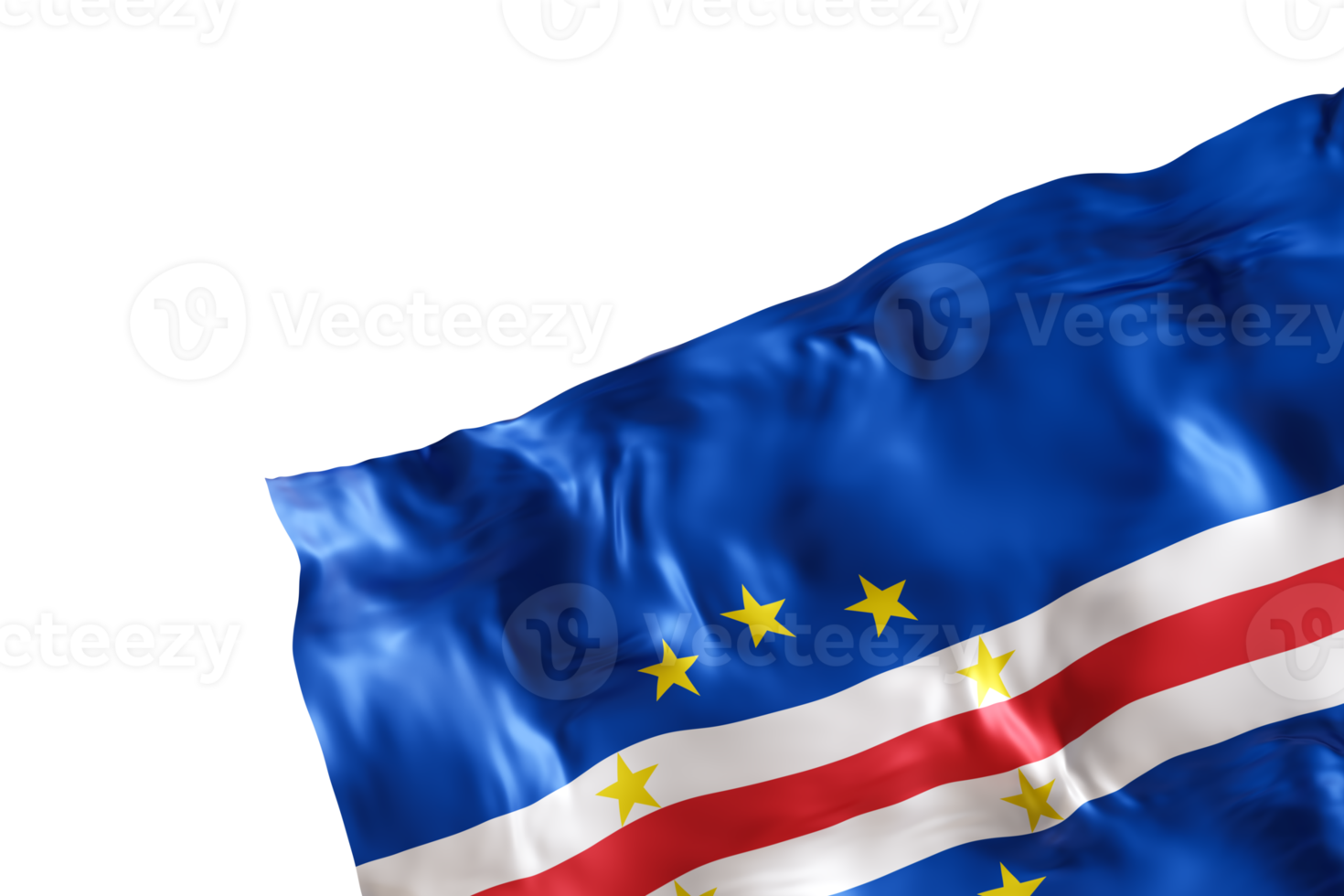 Realistic flag of Cape Verde with folds, on transparent background. Footer, corner design element. Cut out. Perfect for patriotic themes or national event promotions. Empty, copy space. 3D render. png