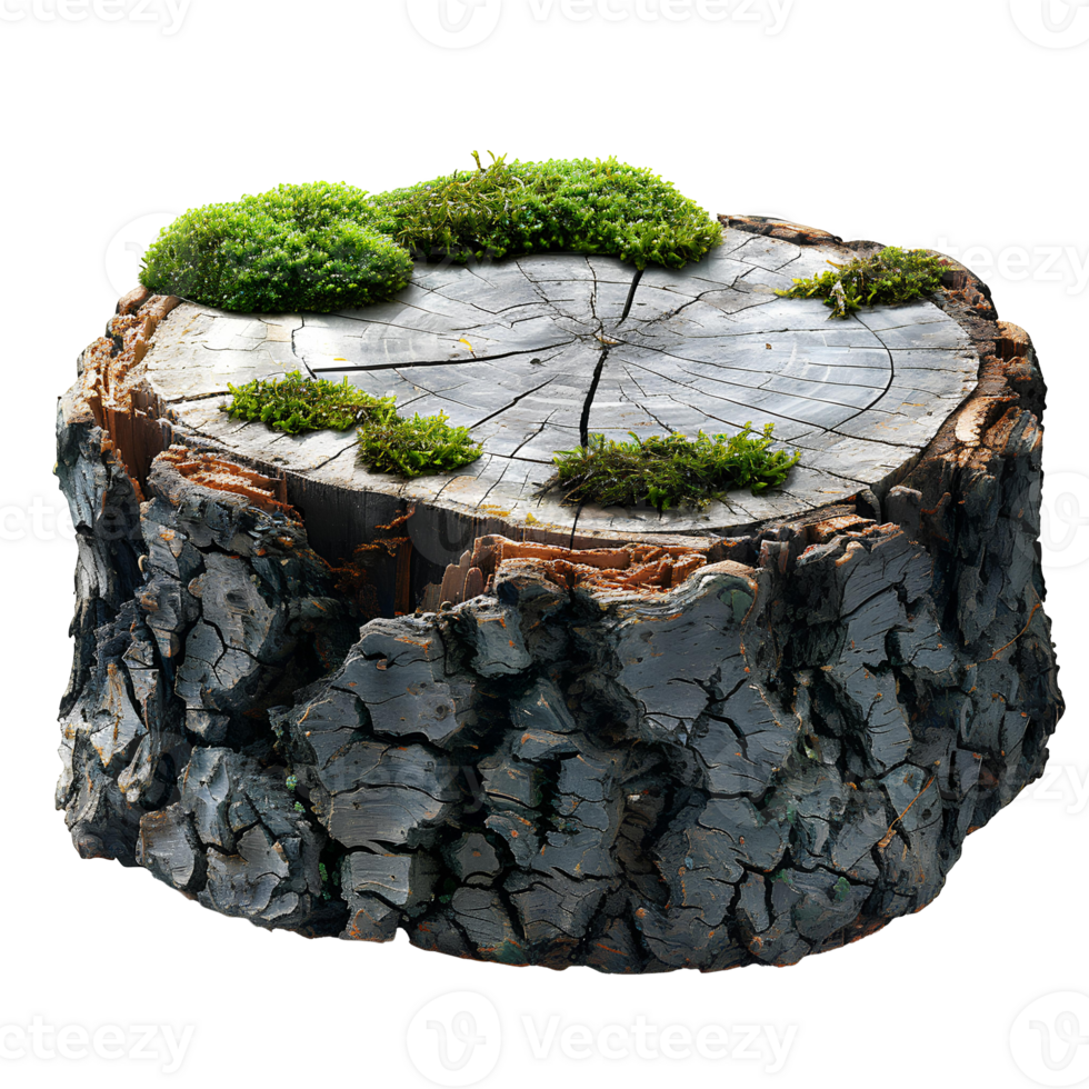 Tree stump with green wild forest moss all around it isolated. Stump with moss on top of it isolated. Forest tree stump png