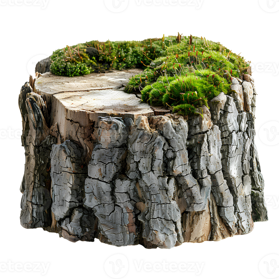 Tree stump with green wild forest moss all around it isolated. Stump with moss on top of it isolated. Forest tree stump png