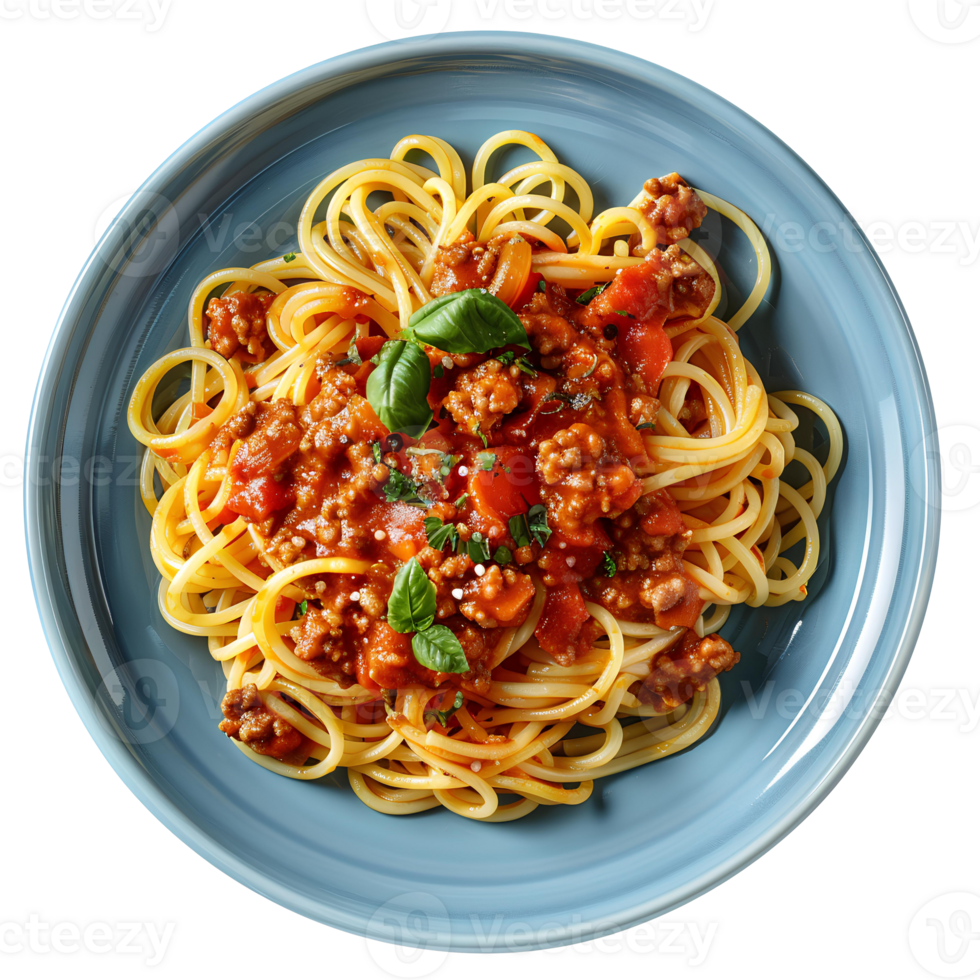 Spaghetti bolognese isolated. Spaghetti bolognese on plate top view. Italian cuisine with minced meat and tomatoes png