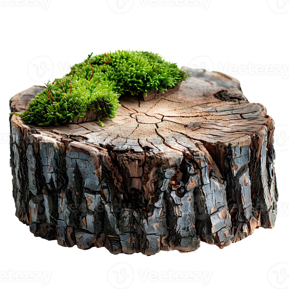 Tree stump with green wild forest moss all around it isolated. Stump with moss on top of it isolated. Forest tree stump png