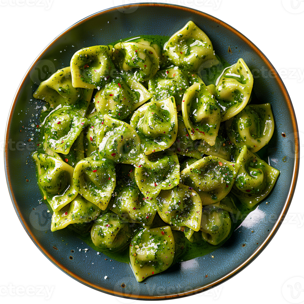 Green pasta on plate top view isolated. Pasta with green organic vegetable sauce flat lay. Green pasta with parmesan cheese isolated png