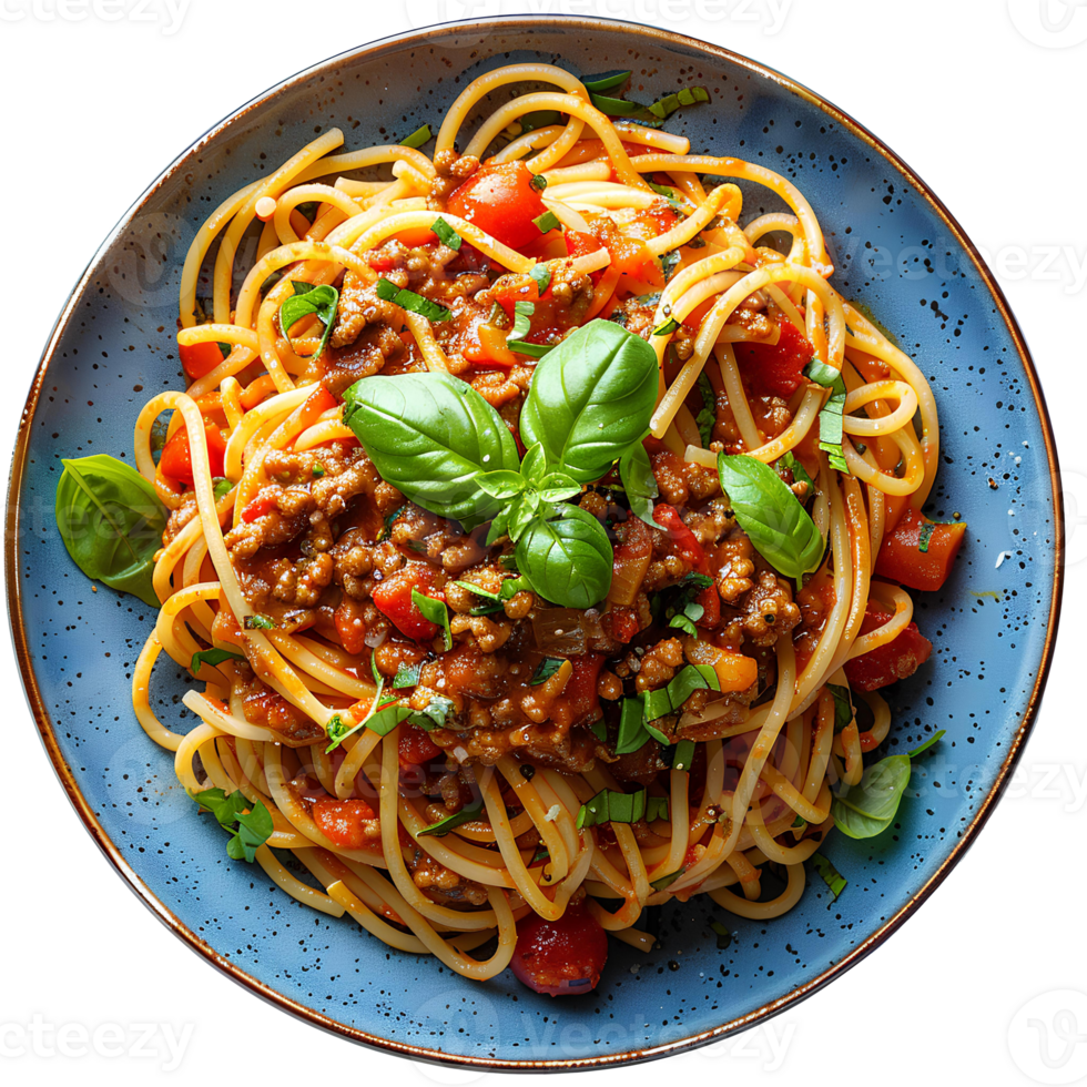Spaghetti bolognese isolated. Spaghetti bolognese on plate top view. Italian cuisine with minced meat and tomatoes png