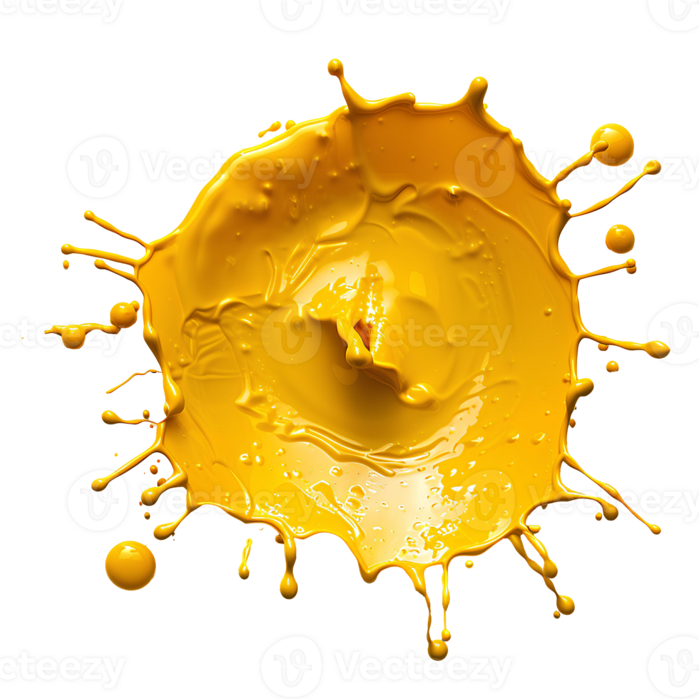 Drop of yellow paint isolated. Yellow liquid pigment splatter and explosion isolated. Yellow paint drop top view isolated png