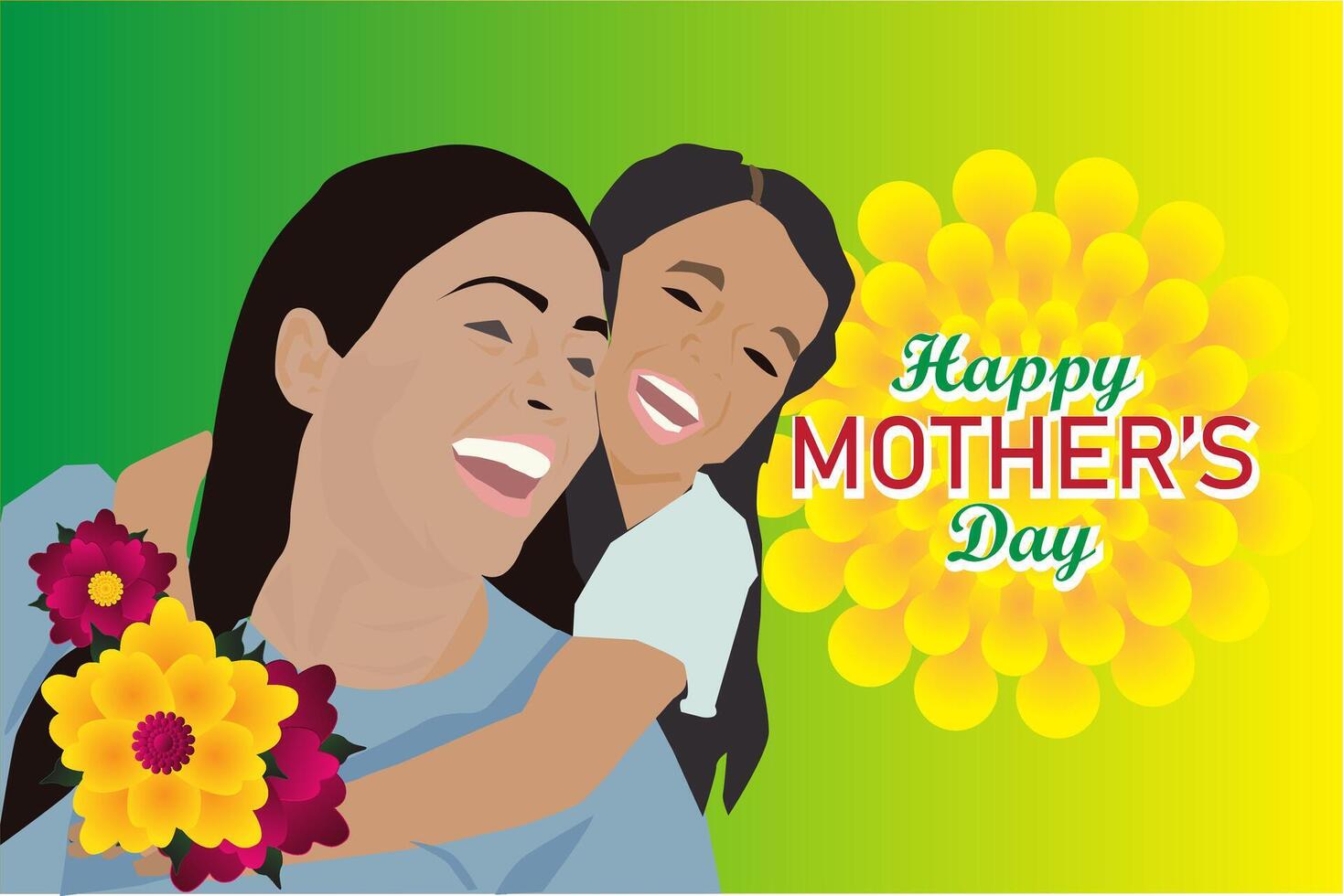 happy mother's day mom and daughter young girl hugging pickaback with flowers purple red maroon yellow green background vector