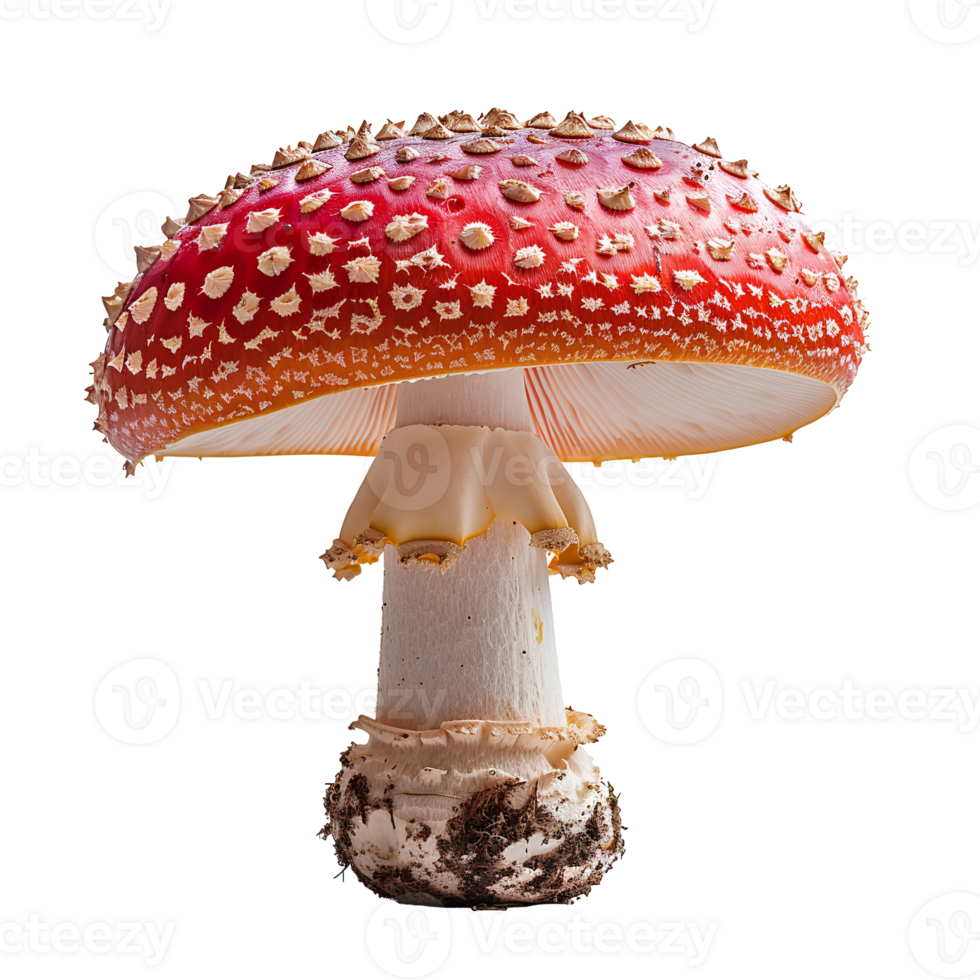 Fly agaric mushroom isolated. Red mushroom with polka dots isolated. Fly agaric mushroom top view. Mushroom flat lay isolated png