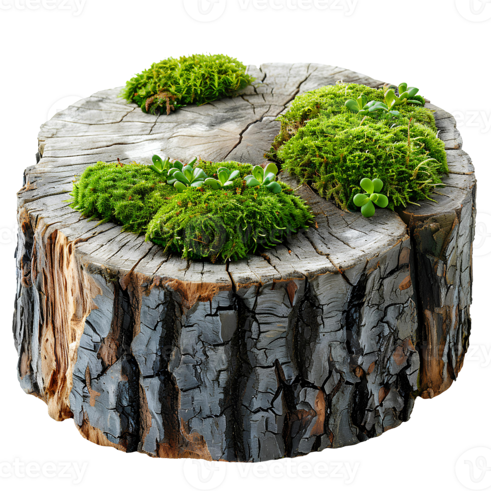 Tree stump with green wild forest moss all around it isolated. Stump with moss on top of it isolated. Forest tree stump png