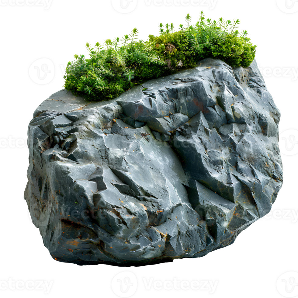 Green moss on a stone isolated. Rock with forest moss isolated. Rock with wild forest grass and nature png