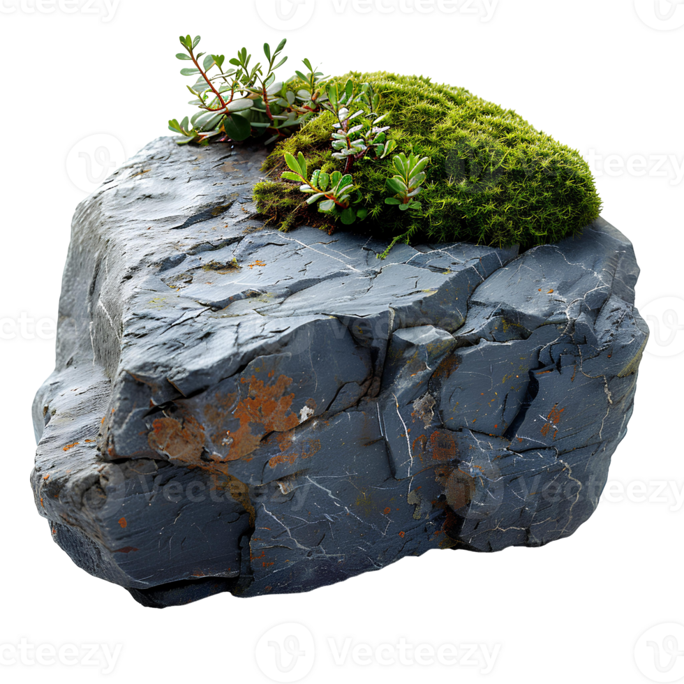Green moss on a stone isolated. Rock with forest moss isolated. Rock with wild forest grass and nature png