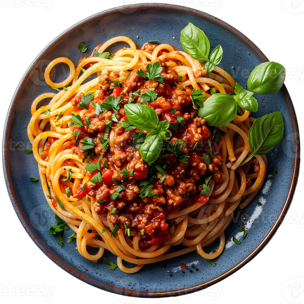 Spaghetti bolognese isolated. Spaghetti bolognese on plate top view. Italian cuisine with minced meat and tomatoes png