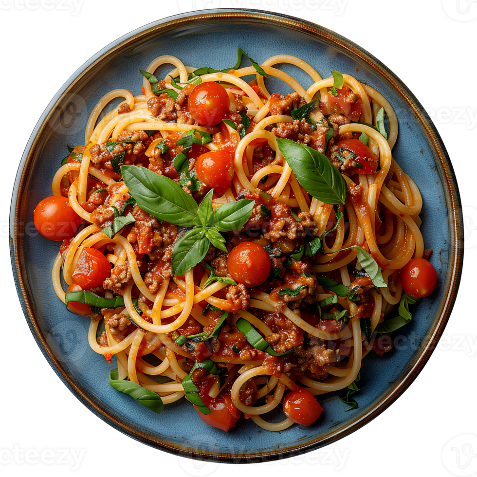 Spaghetti bolognese isolated. Spaghetti bolognese on plate top view. Italian cuisine with minced meat and tomatoes png