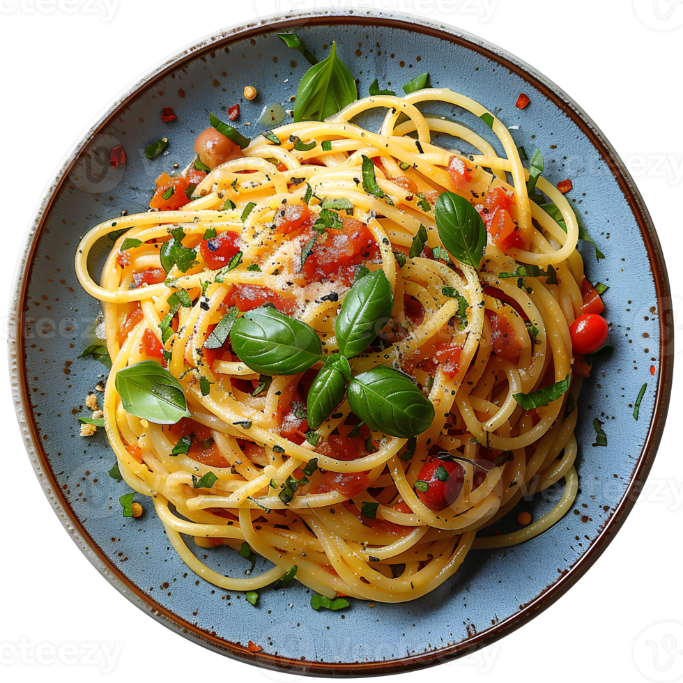Spaghetti carbonara isolated. Spaghetti carbonara on plate top view isolated. Italian cuisine with tomato sauce png
