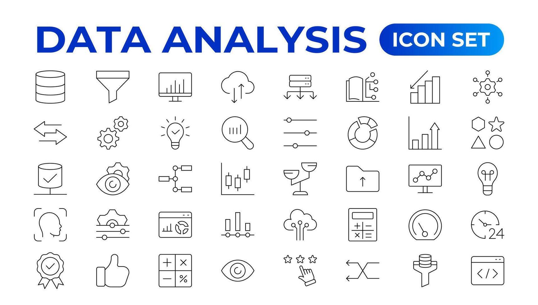 Data analytics icon set. Big data analysis technology symbol. Containing database,computing and network icons. Solid icons collection. Data line Analytics, AI, hosting, monitoring. outline icon vector