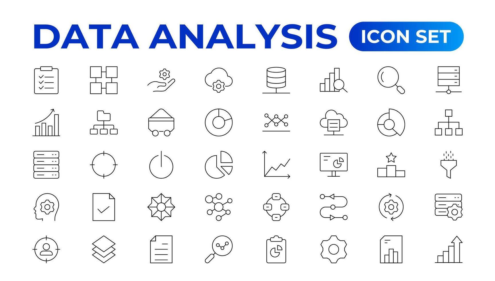 Data analytics icon set. Big data analysis technology symbol. Containing database,computing and network icons. Solid icons collection. Data line Analytics, AI, hosting, monitoring. outline icon vector