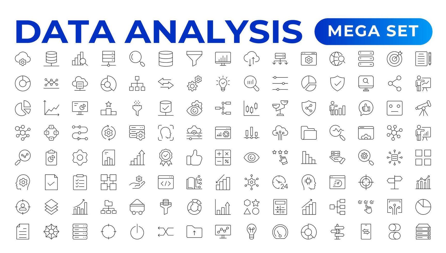 Data analytics icon set. Big data analysis technology symbol. Containing database, computing and network icons. Solid icons collection. Data line Analytics, AI, hosting, monitoring. outline icon vector