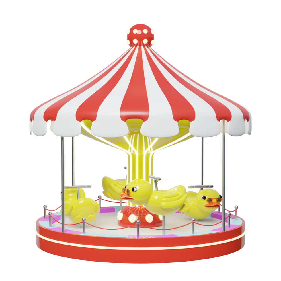 Carousel or merry go round with yellow duck, sunglasses isolated. 3d render illustration png