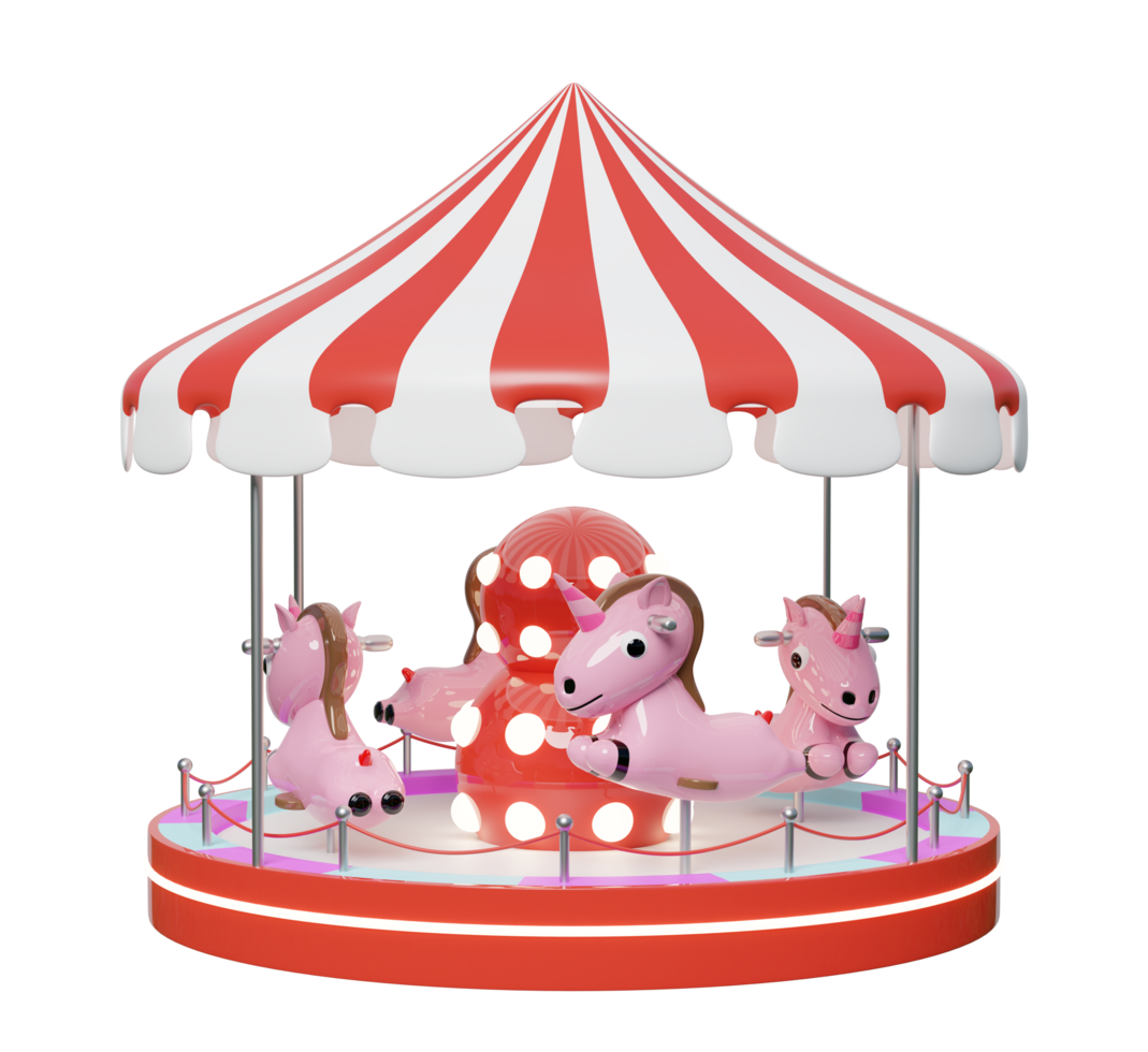 Carousel or merry go round with unicorn or horse isolated. 3d render illustration png