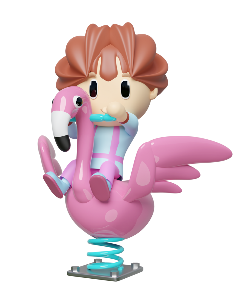 Playground flamingo spring rider with girl isolated. 3d render illustration png