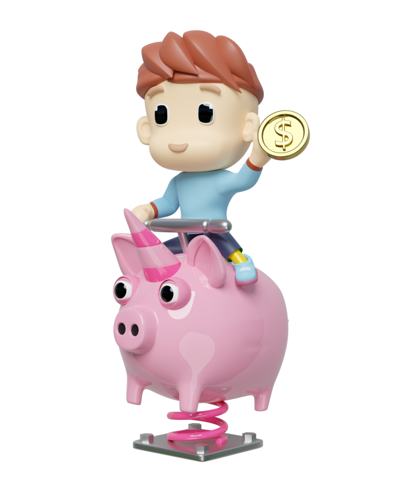 Playground piggy bank spring rider with boy, dollar gold coin isolated. 3d render illustration png