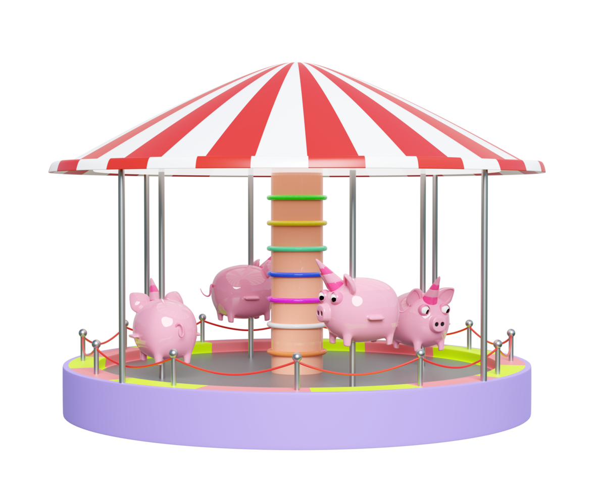 Carousel or merry go round with piggy bank isolated. 3d render illustration png