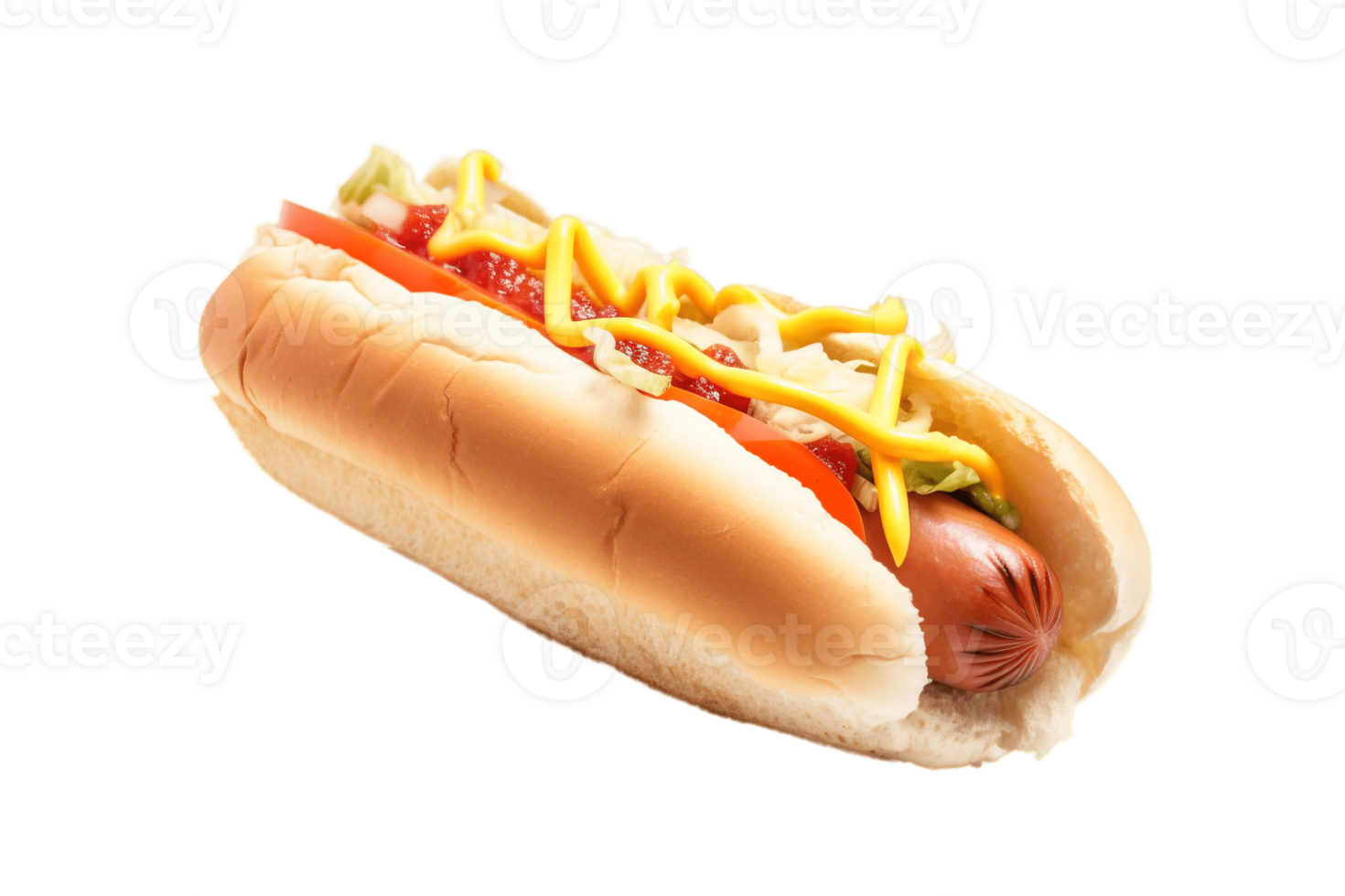 vers heet hond met worst en sauzen, mayonaise, ketchup en mosterd, en kool. ai png