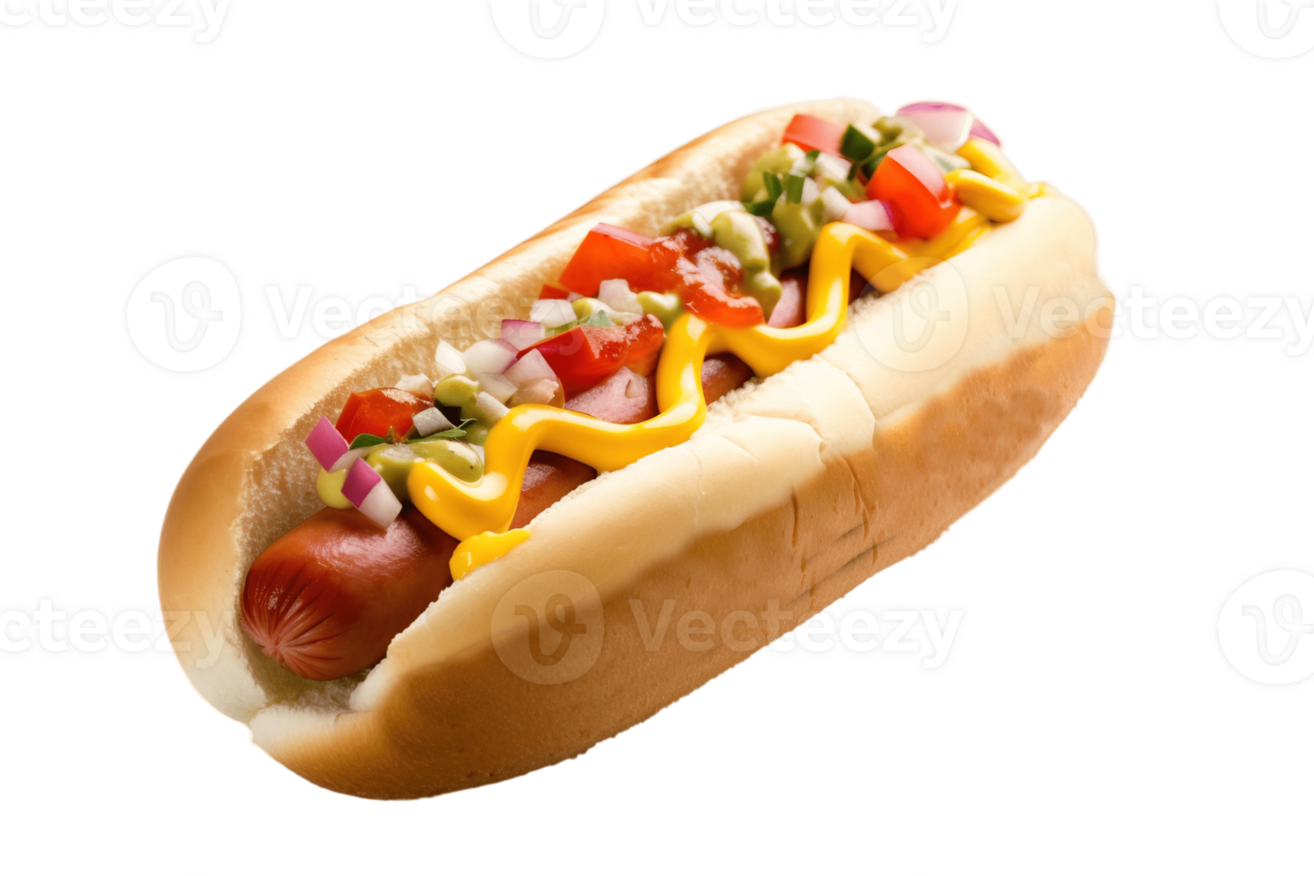 vers heet hond met worst en sauzen, mayonaise, ketchup en mosterd, en kool. ai png