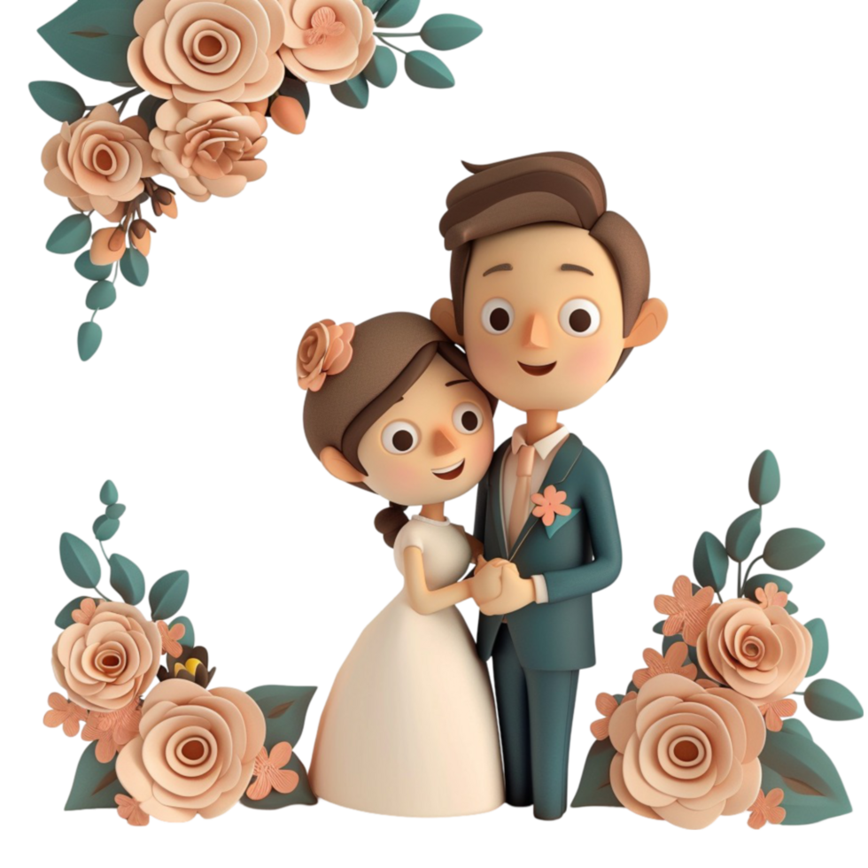 Generated AI Wedding Couple And Married Character, Marriage,isolated on transparent background png